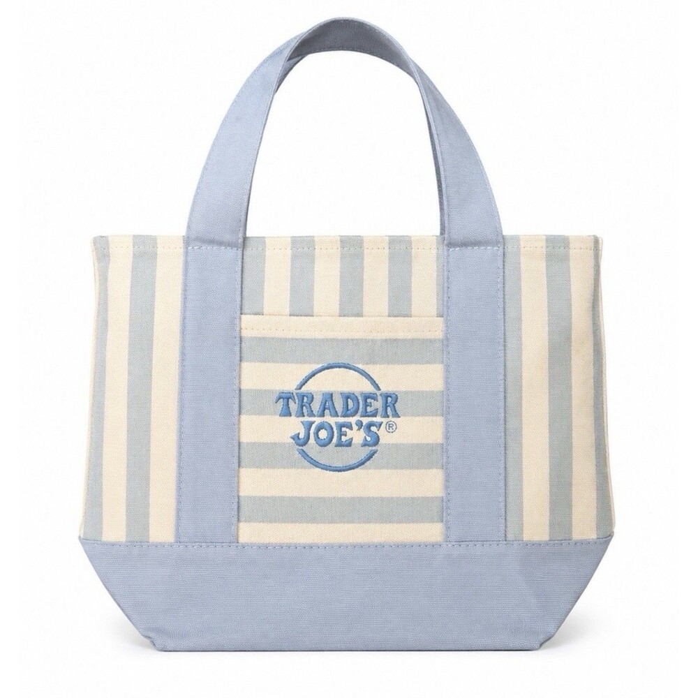 Trader Joe's Mini Canvas Sky Blue Stripe Tote Bag 13 X 11 X 6 NWT - Picture 2 of 2